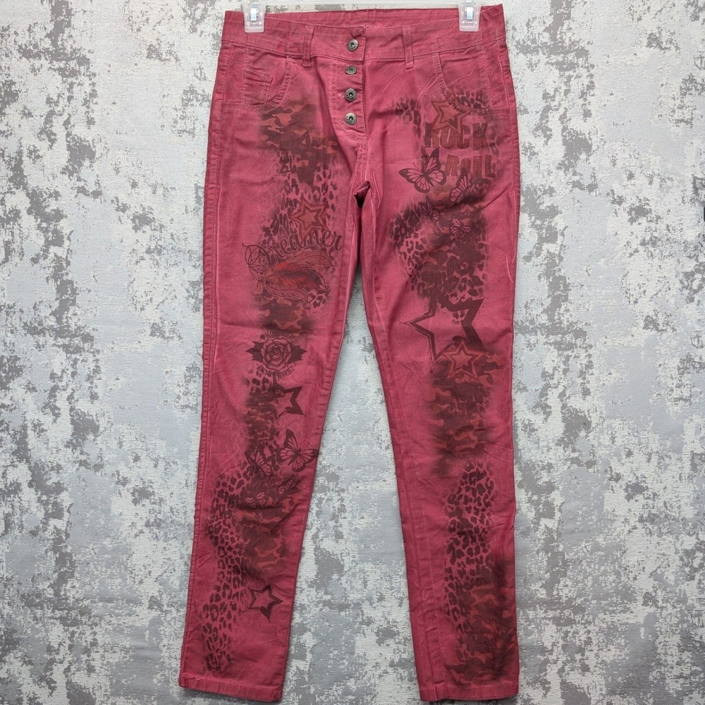 Gigi Moda Red Rock & Roll Graphic Print Button Fly Slim Pants Made in Italy XL